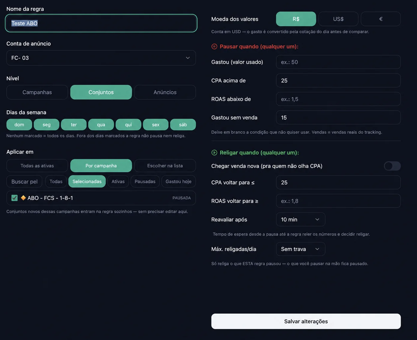 Configuração de regra automática do KawaiTrack: condições de pausar por CPA, gasto sem venda e ROAS, e de religar quando o número volta